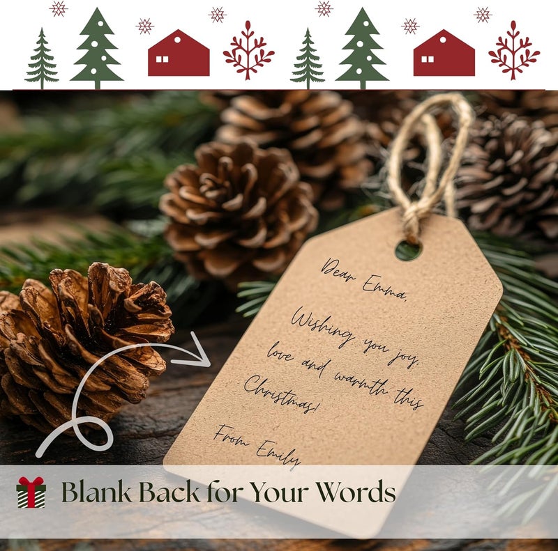 Paper Play Christmas Gift Tags - 80 Kraft-Style Gift Tags with String, 8 Modern Script Designs - Thick Cardstock Christmas Lables & Name Tags - Image 5